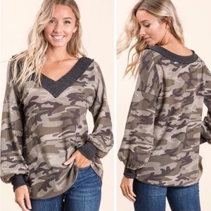CAMOUFLAGE OLIVE DEEP-V RELAXED FIT PULLOVER TOP